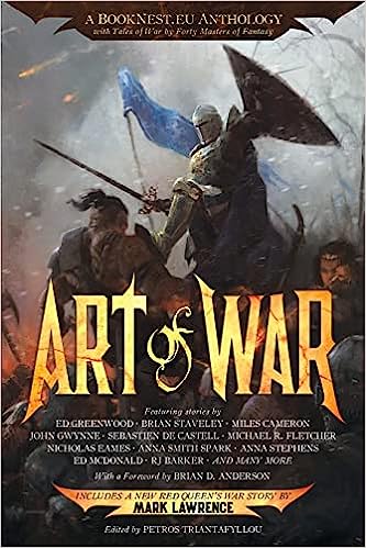 Cover image of Art of War, a fantasy anthology. The cover portrays an armored knight in a pitched battle kicking away a tattooed marauder.